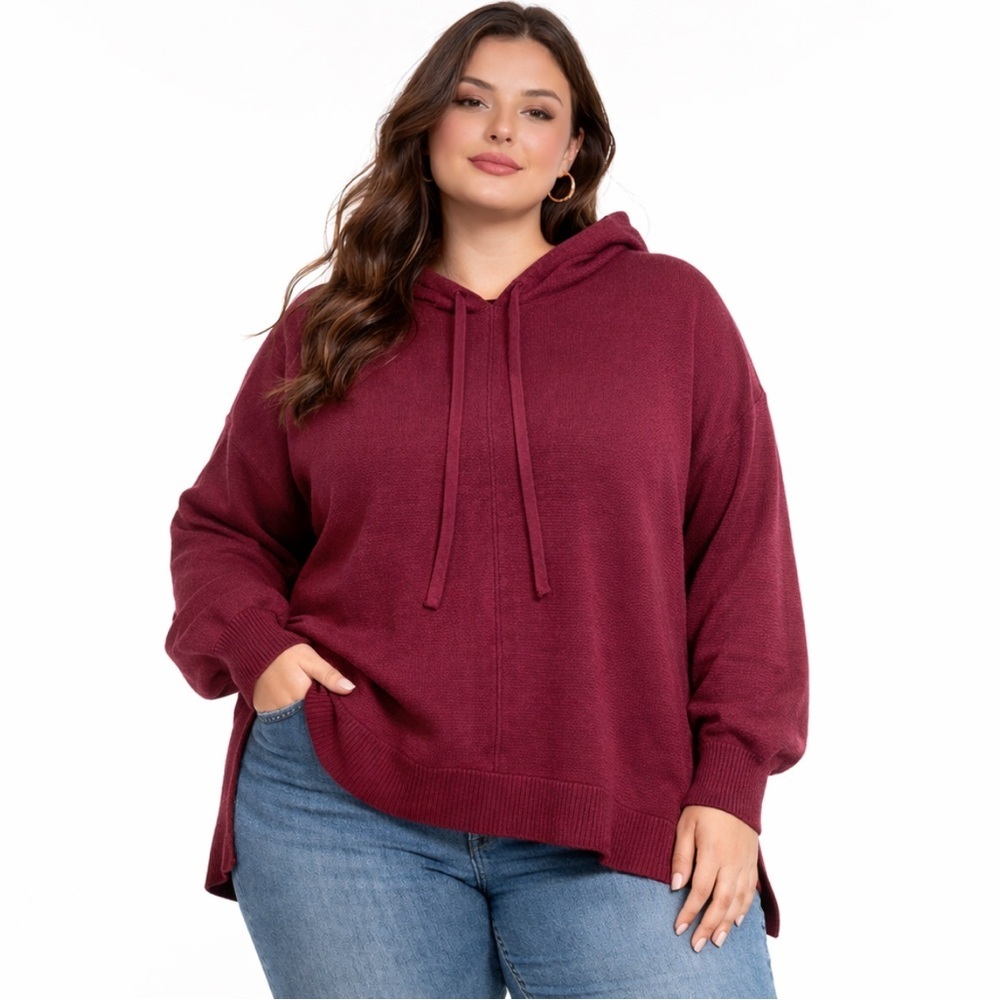 Lane Bryant LIVI Hooded Pullover Sweater Wine Burgundy 26/28 Side Slits High Low
